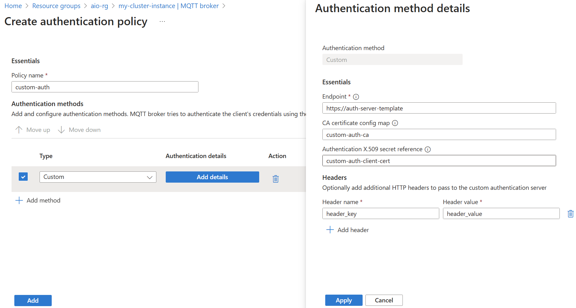 Capture d’écran montrant la définition de la méthode d’authentification personnalisée pour l’Agent MQTT dans le portail Azure.