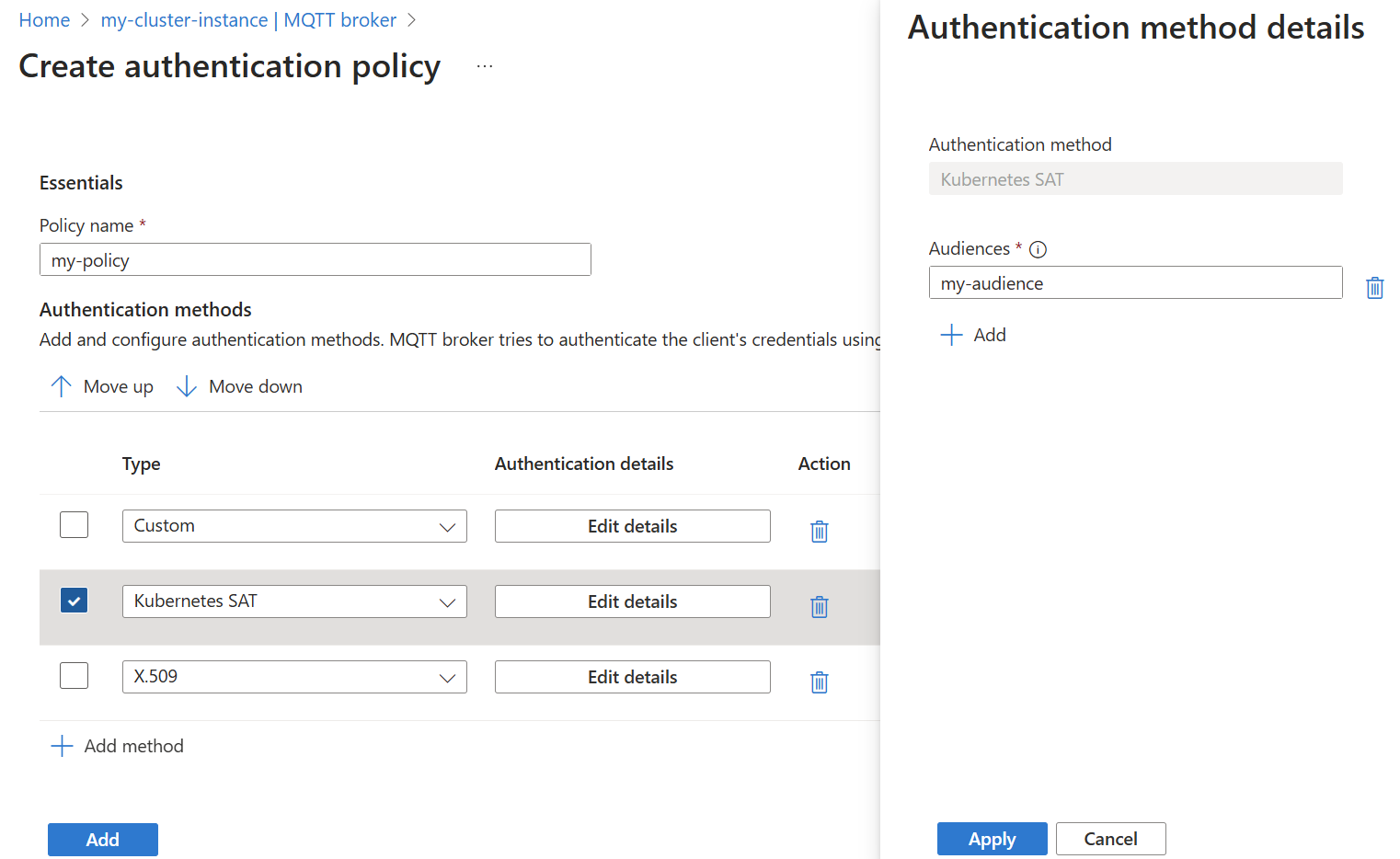 Capture d’écran montrant la définition de la méthode d’authentification SAT pour l’Agent MQTT dans le portail Azure.