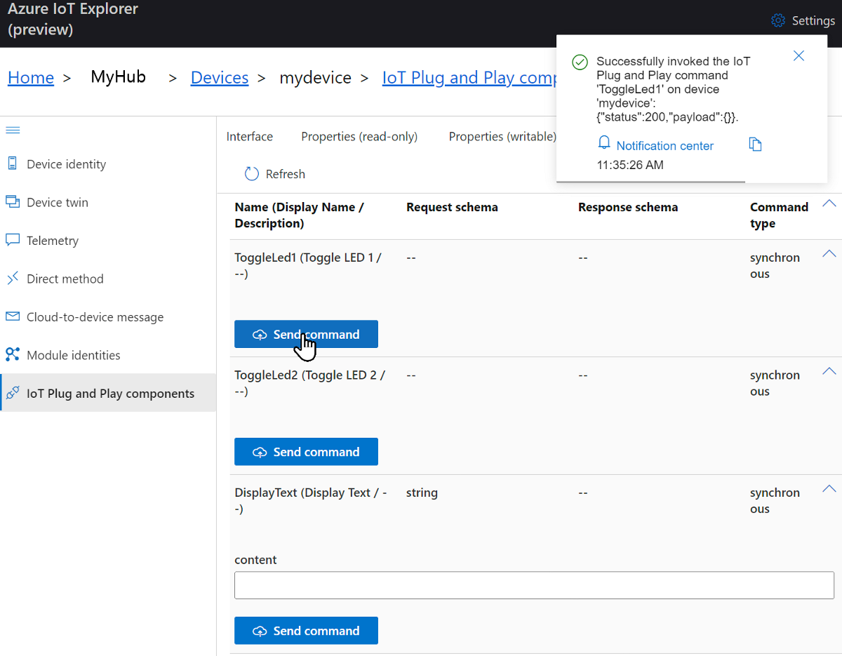 Capture d’écran d’appel d’une méthode dans IoT Explorer.