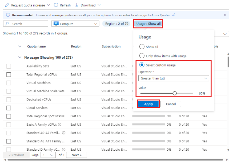 Capture d’écran montrant la page Utilisation et quotas, avec l’option Sélectionner l’utilisation personnalisée et les paramètres de configuration mis en évidence.