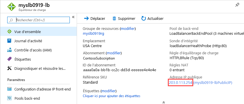 Adresse IP publique du modèle Resource Manager Azure Standard Load Balancer