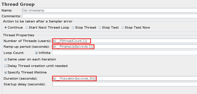 Screenshot that shows how to reference user properties in the JMeter user interface.