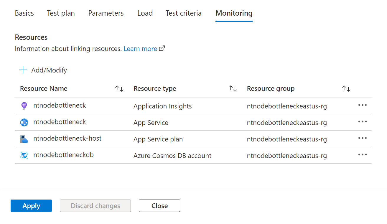 Capture d'écran qui montre comment configurer les composants de l'application Azure à surveiller lors de la création d'un test dans le portail Azure.