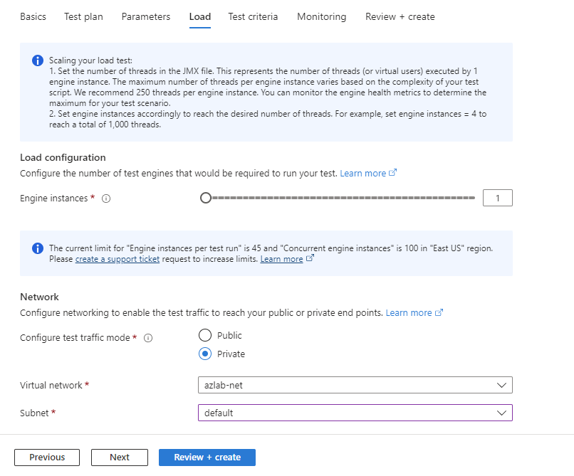 Capture d'écran qui montre comment configurer le nombre d'instances de moteur de test lors de la création d'un test dans le portail Azure.