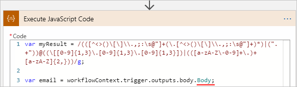 Capture d'écran montrant le flux de travail de l'application Logique de consommation, l'action Exécuter le code JavaScript et la propriété « Corps » renommée avec un point-virgule final.