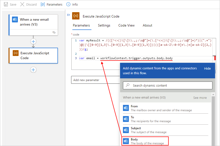 Capture d'écran montrant le flux de travail Standard, l'action Exécuter le code JavaScript, la liste de contenu dynamique et la propriété « Corps » du message électronique sélectionnée.