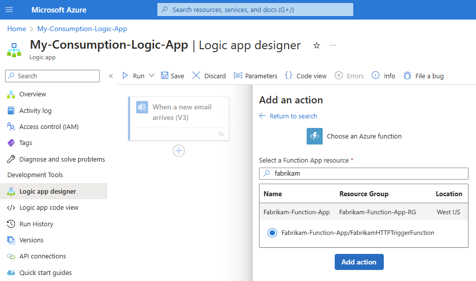 Capture d’écran montrant le workflow Consommation avec une application de fonction et une fonction sélectionnées.