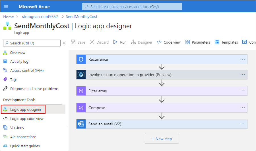 Capture d’écran montrant l’option de menu « Concepteur d’application logique » sélectionnée et l’aire du concepteur avec le workflow sous-jacent.