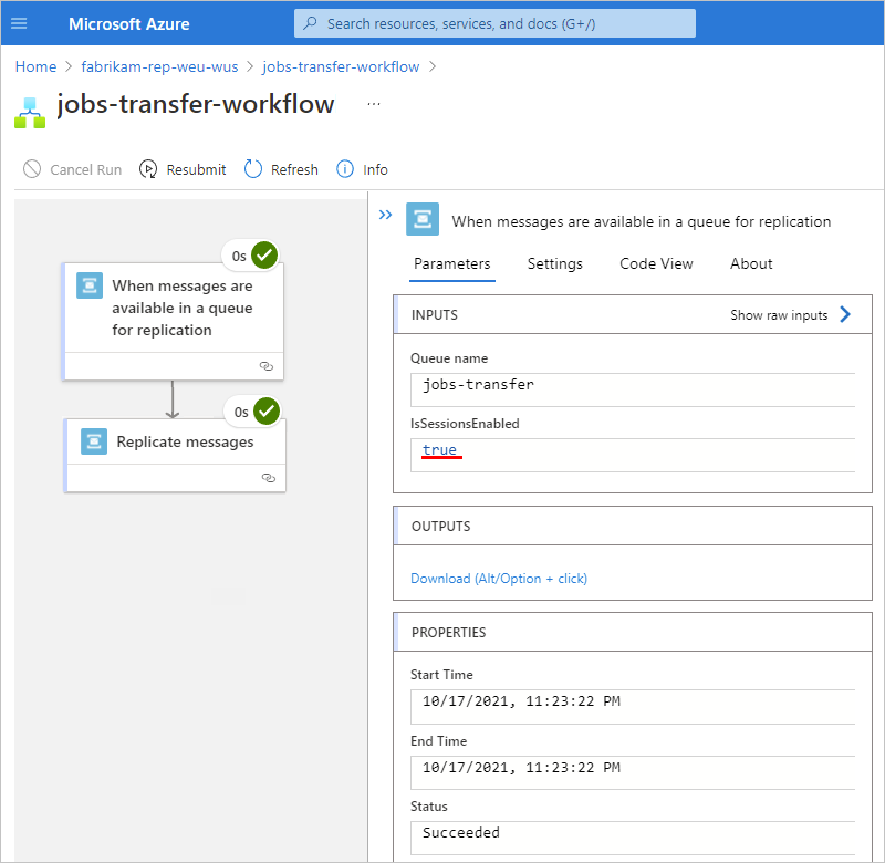 Capture d’écran montrant les détails de l’exécution du workflow avec les entrées, sorties et propriétés du déclencheur.