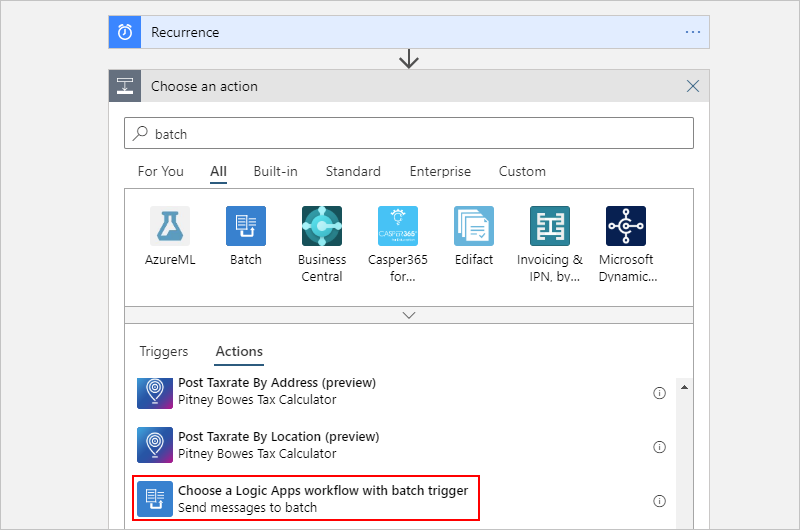 Sélection de « Choisir un workflow Logic Apps avec déclencheur de lot »