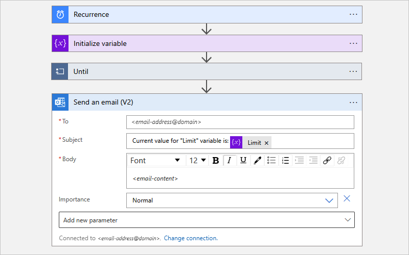 Capture d’écran représentant le workflow « Consommation » et l’action nommée « Envoyer un e-mail » avec les valeurs de propriété.