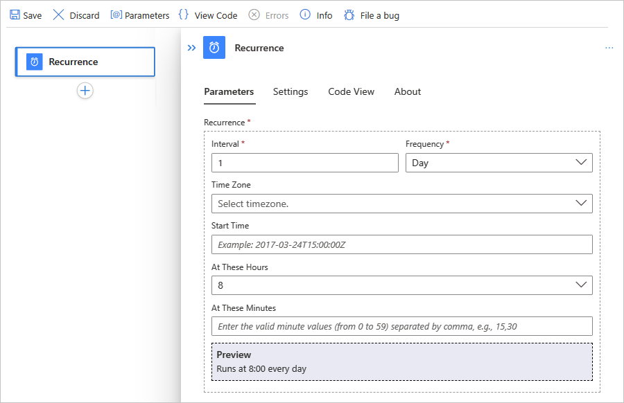 Capture d’écran représentant le portail Azure, le workflow « Standard » et la configuration des paramètres du déclencheur « Périodicité ».