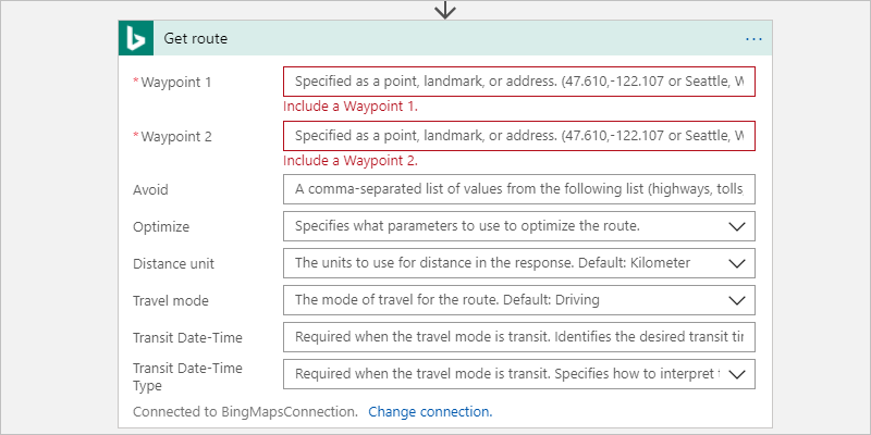 Configurer l’action « Bing Maps - Obtenir un itinéraire »