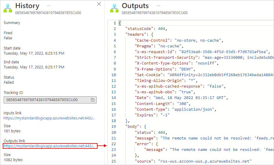 Capture d’écran montrant les sorties des déclencheurs du workflow d’application logique Standard.