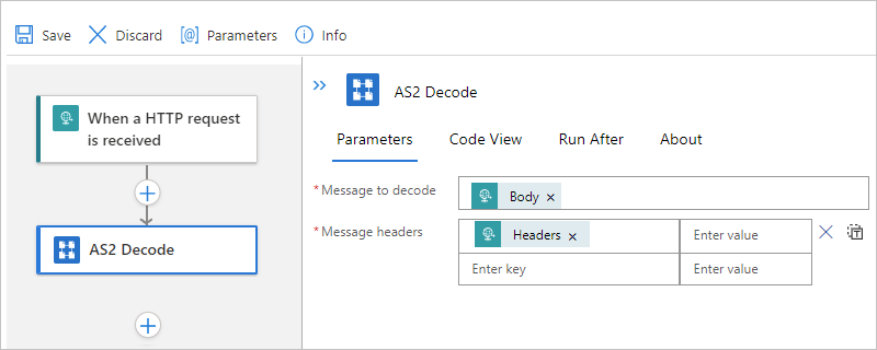 Capture d’écran montrant le concepteur de workflow Standard et l’action « Décodage AS2 » avec les propriétés de décodage de message.