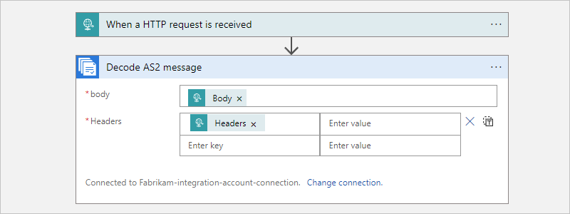 Capture d’écran montrant l’opération « Décoder le message AS2 » avec les propriétés de décodage du message.