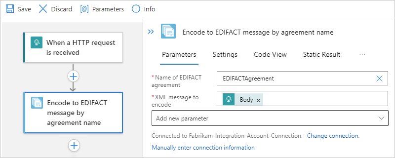 Capture d’écran montrant le flux de travail Standard, l’action nommée Encodage en message EDIFACT par nom du contrat, et les propriétés d’encodage de message.