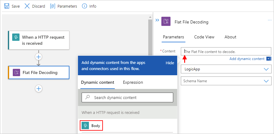 Capture d’écran montrant le concepteur de workflow Standard et la propriété « Contenu » avec la liste de contenu dynamique et le contenu sélectionné pour le décodage.