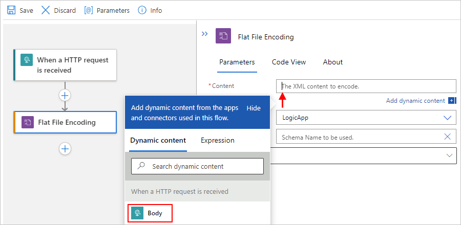 Capture d’écran montrant le concepteur de workflow Standard et la propriété « Contenu » avec la liste de contenu dynamique et le contenu sélectionné pour l’encodage.