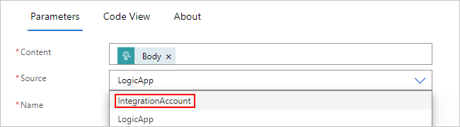 Capture d’écran montrant un flux de travail Standard avec la propriété « Source » et « IntegrationAccount » sélectionnés.