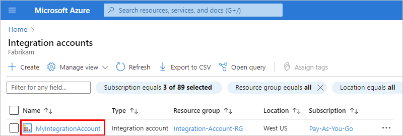 Capture d’écran montrant le volet des comptes d’intégration (integration accounts) avec un compte d’intégration sélectionné.