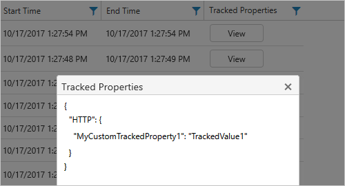 Capture d’écran montrant des exemples de propriétés suivies pour un workflow Consommation spécifique.