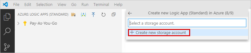 Capture d’écran montrant le volet « Azure : Logic Apps (standard) » et une invite à créer ou sélectionner un compte de stockage.