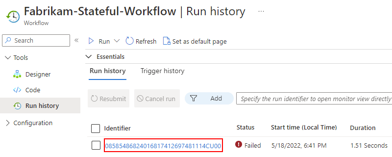 Capture d’écran montrant une exécution de workflow Standard sélectionnée.