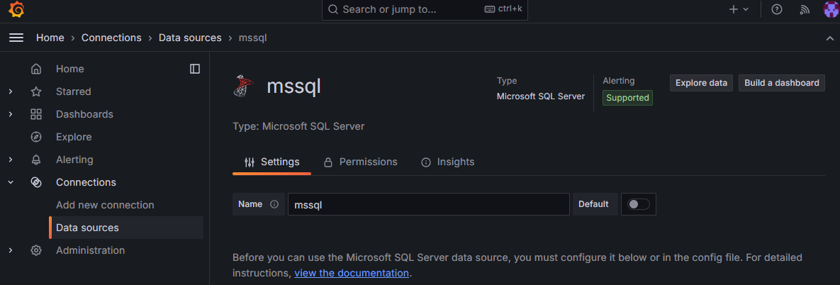 Capture d’écran de la page Ajouter une source de données dans Grafana.