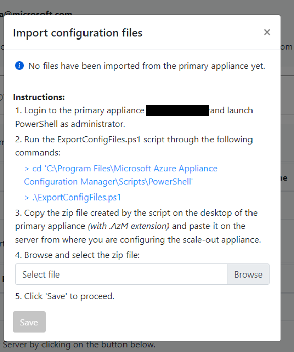 Capture d’écran de la fenêtre modale Importer les fichiers de configuration.