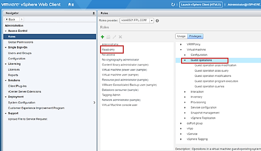 Capture d'écran montrant le client Web vSphere et comment créer un compte et sélectionner des rôles d'utilisateur et des privilèges.