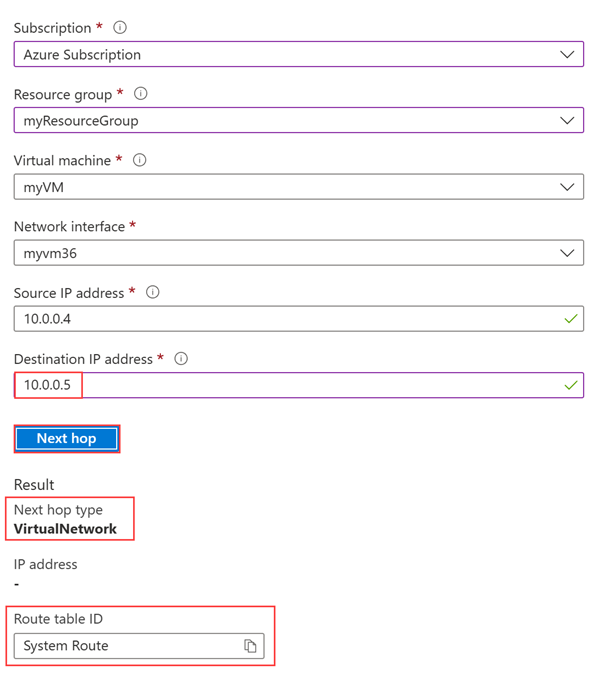 Capture d’écran montrant Network Watcher résultat du tronçon suivant lors d’un test avec une adresse IP au sein du même réseau virtuel.