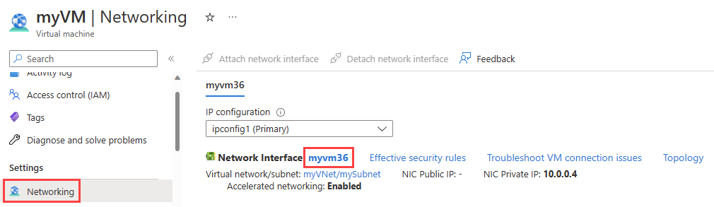 Capture d’écran montrant comment sélectionner la page d’interface réseau dans les paramètres de la machine virtuelle dans le Portail Azure.