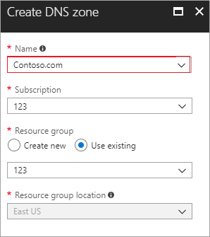 Capture d’écran de la création d’une zone DNS dans Azure.