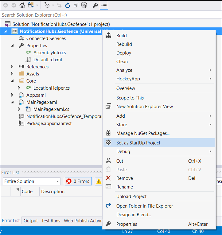 Capture d’écran du menu contextuel Solution, avec l’option Définir comme projet de démarrage mise en évidence.