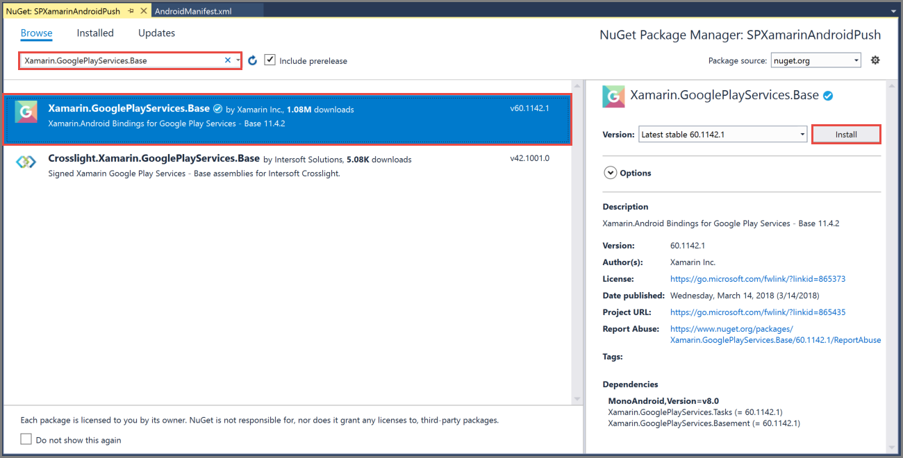 Package NuGet de Google Play Services