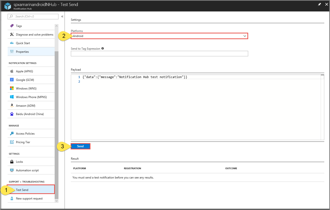 Portail Azure : Option Test Send