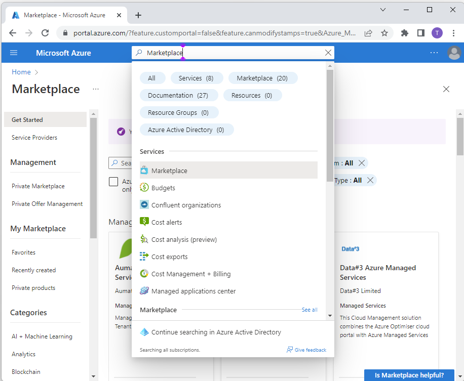 Capture d’écran montrant une recherche de Dynatrace dans la Place de marché.