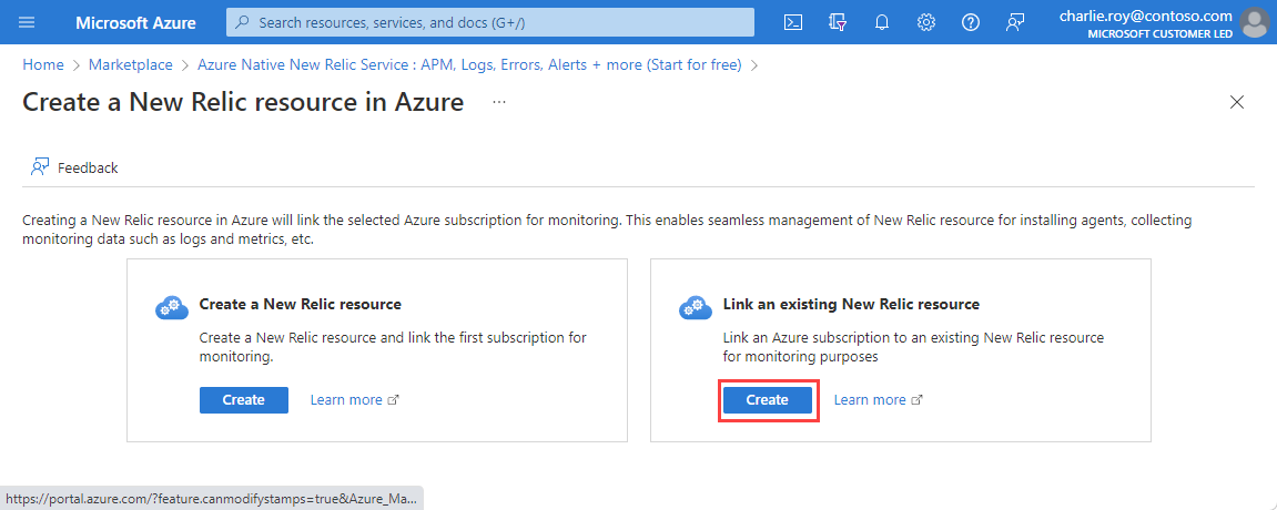 Capture d’écran montrant deux options pour créer une ressource New Relic sur Azure.