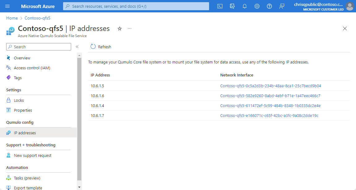 Screenshot that shows selections for displaying IP addresses associated with a file system.