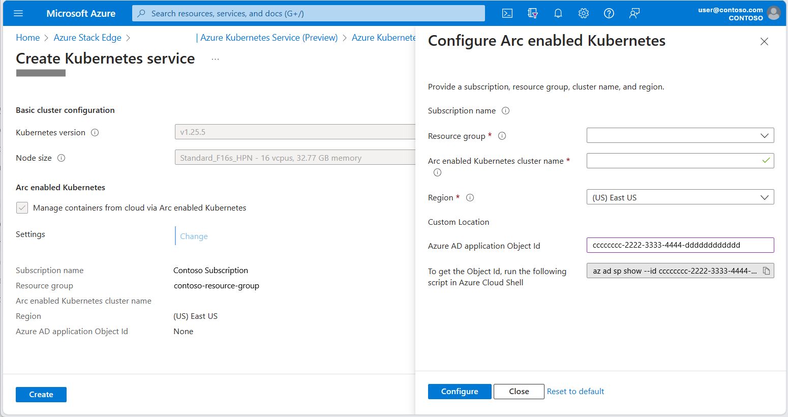 Capture d’écran du volet Configurer Kubernetes avec Arc, montrant où entrer l’OID d’emplacement personnalisé.