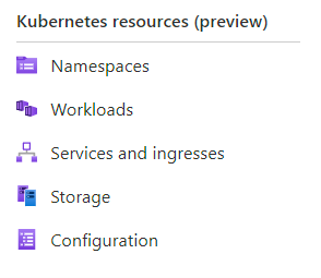 Capture d’écran du menu Ressources Kubernetes (préversion), montrant les espaces de noms, les charges de travail, les services et les entrées, les options de stockage et de configuration.