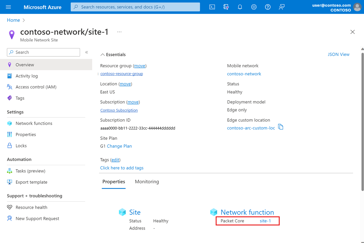 Capture d’écran du portail Azure, montrant le champ Packet Core.