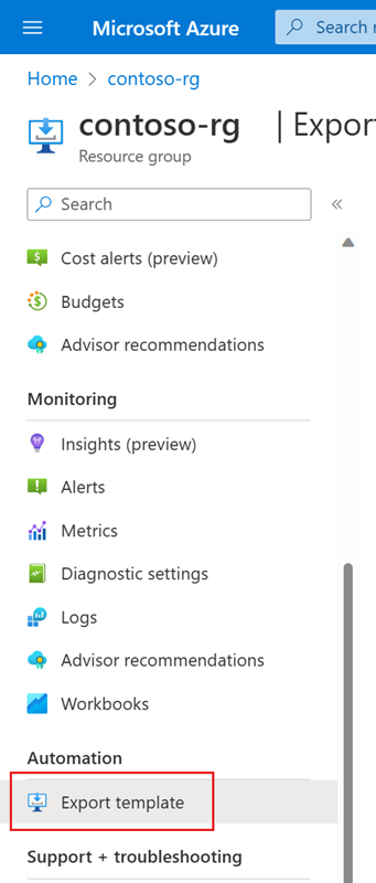 Capture d’écran du portail Azure montrant l’option Exporter le modèle du menu de ressources.