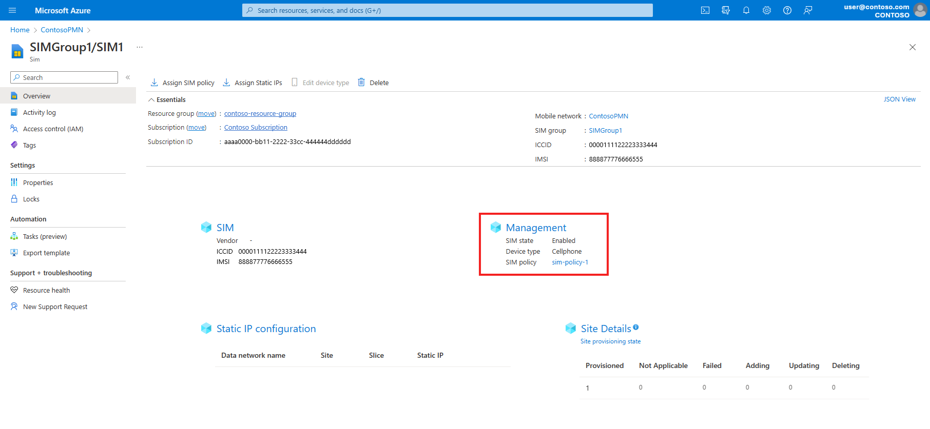 Capture d’écran du portail Azure montrant une ressource SIM, avec le champ Stratégie SIM mis en évidence dans la section Gestion.