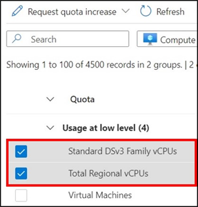 Capture d'écran montrant la sélection de quota par machine virtuelle dans le portail Azure.