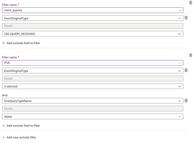 Capture d’écran du filtrage d’ID d’événements et d’adresses IPv6 pour le connecteur DNS Windows via AMA.