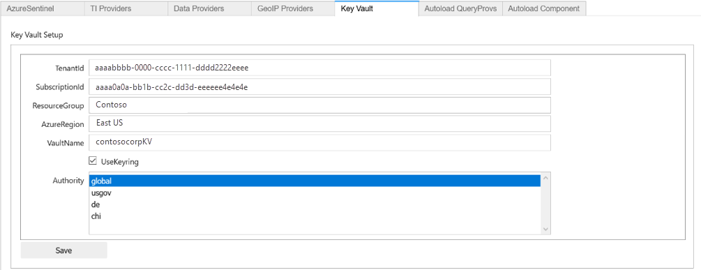 Capture d’écran de la section de configuration de Key Vault