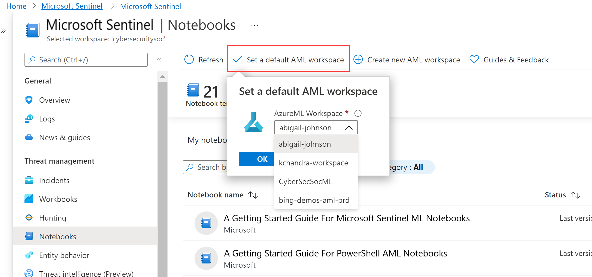 Sélectionnez un espace de travail AML par défaut pour vos notebooks.