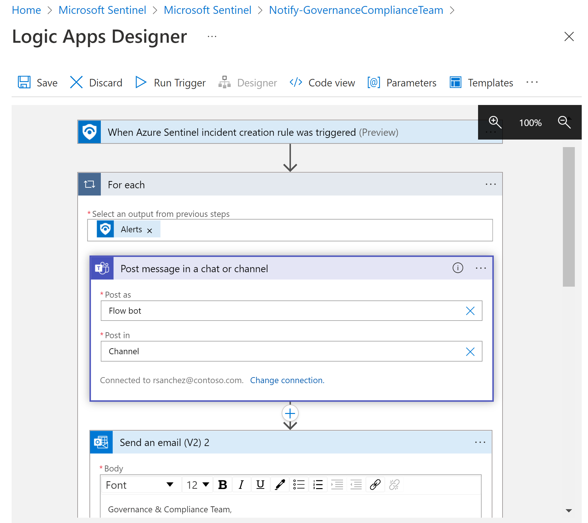 Capture d’écran du concepteur d’application logique montrant un exemple de playbook.